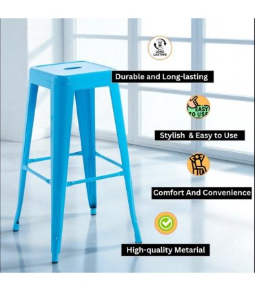 AcaciaHome Modern and Contemporary 76CM Sleek Industrial Metal Bar Stool – Durable Sturdy Steel Frame with Comfortable Seat for Kitchen Islands, Home Bars, Cafes, and Restaurants (Blue)
