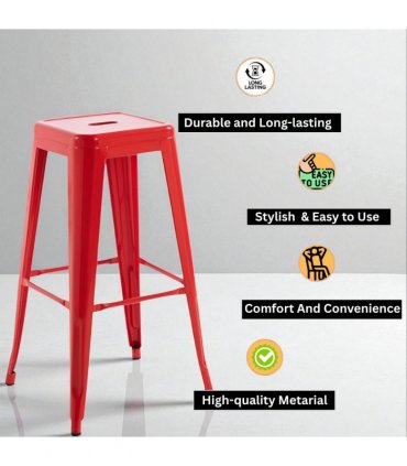 Modern and Contemporary 76CM Sleek Industrial Metal Bar Stool – Durable Sturdy Steel Frame with Comfortable Seat for Kitchen Islands, Home Bars, Cafes, and Restaurants (Red)