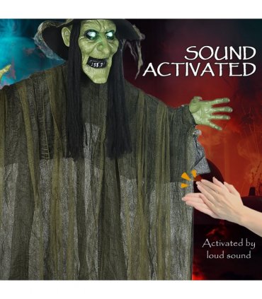 Outsunny Voice Activated Halloween Animatronics Hanging Witch, Green