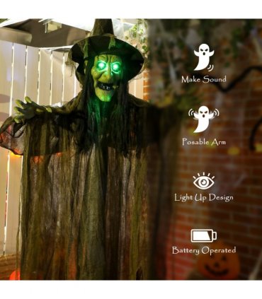 Outsunny Voice Activated Halloween Animatronics Hanging Witch, Green