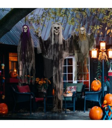 HOMCOM Set of 3 Hanging Skeleton, Flying Ghost Halloween Decorations
