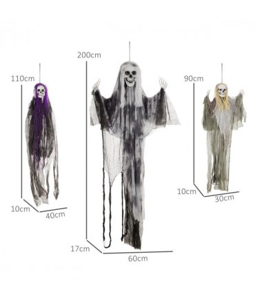 HOMCOM Set of 3 Hanging Skeleton, Flying Ghost Halloween Decorations
