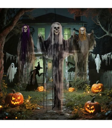 HOMCOM Set of 3 Hanging Skeleton, Flying Ghost Halloween Decorations