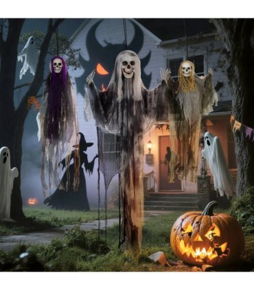 HOMCOM Set of 3 Hanging Skeleton, Flying Ghost Halloween Decorations