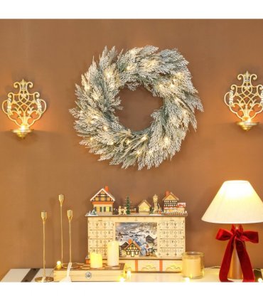 HOMCOM 60 cm Prelit Christmas Wreath, Flocked Front Door Wreath with Timer