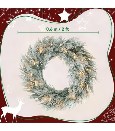 HOMCOM 60 cm Prelit Christmas Wreath, Flocked Front Door Wreath with Timer
