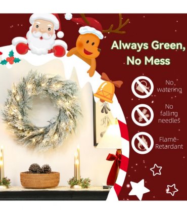 HOMCOM 60 cm Prelit Christmas Wreath, Flocked Front Door Wreath with Timer