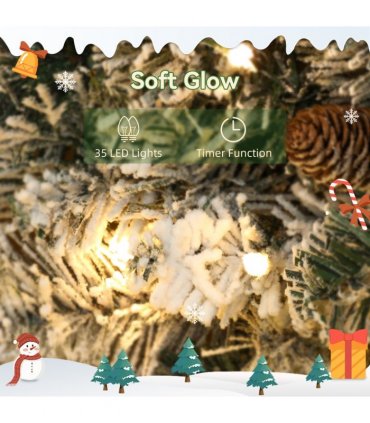 HOMCOM 60 cm Prelit Christmas Wreath, Flocked Front Door Wreath with Timer