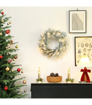HOMCOM 60 cm Prelit Christmas Wreath, Flocked Front Door Wreath with Timer