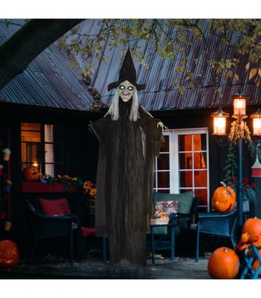 HOMCOM Standing Witch Prop Life Size with Light Up Eyes, Talking Sound