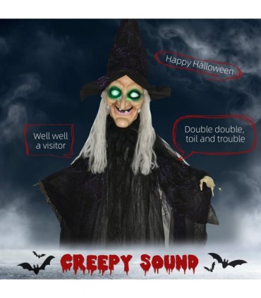 HOMCOM Standing Witch Prop Life Size with Light Up Eyes, Talking Sound