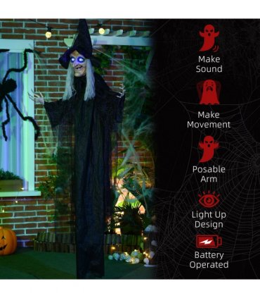 HOMCOM Standing Witch Prop Life Size with Light Up Eyes, Talking Sound