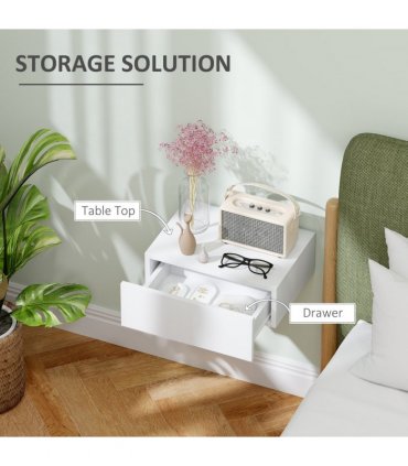 HOMCOM Floating Bedside Table, Wall-Mounted Side Table for Bedroom, White