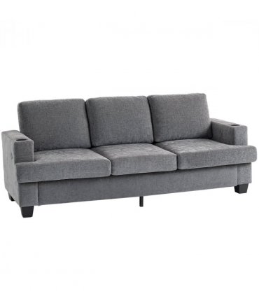 HOMCOM 3 Seater Sofa, Fabric Sofa with USB Ports and Cup Holders, Grey