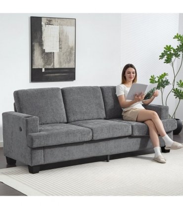 HOMCOM 3 Seater Sofa, Fabric Sofa with USB Ports and Cup Holders, Grey