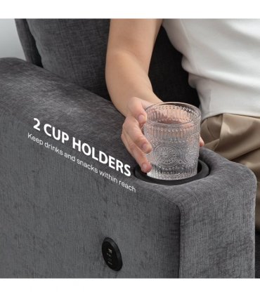 HOMCOM 3 Seater Sofa, Fabric Sofa with USB Ports and Cup Holders, Grey