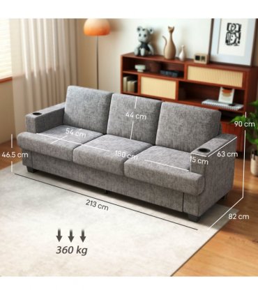 HOMCOM 3 Seater Sofa, Fabric Sofa with USB Ports and Cup Holders, Grey