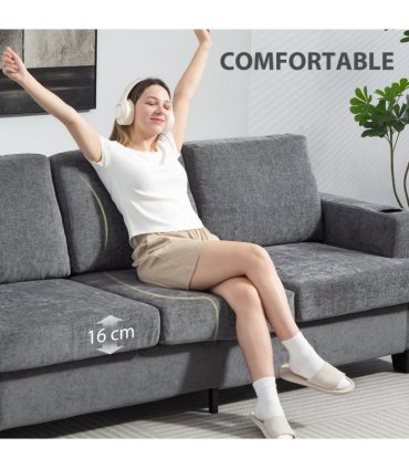 HOMCOM 3 Seater Sofa, Fabric Sofa with USB Ports and Cup Holders, Grey