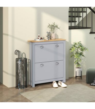 HOMCOM 2 Drawer Shoe Cabinet Narrow Shoe Cupboard with Flip Doors, Grey