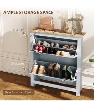 HOMCOM 2 Drawer Shoe Cabinet Narrow Shoe Cupboard with Flip Doors, Grey