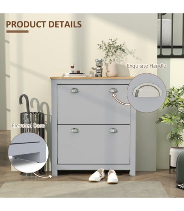 HOMCOM 2 Drawer Shoe Cabinet Narrow Shoe Cupboard with Flip Doors, Grey