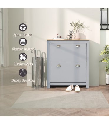 HOMCOM 2 Drawer Shoe Cabinet Narrow Shoe Cupboard with Flip Doors, Grey