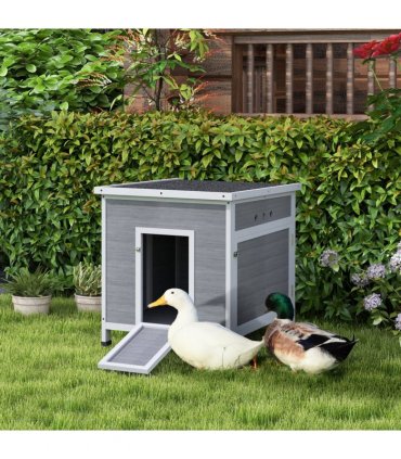 PawHut Wooden Duck House, Poultry Coop w/ Double Doors, Openable Roof, Grey