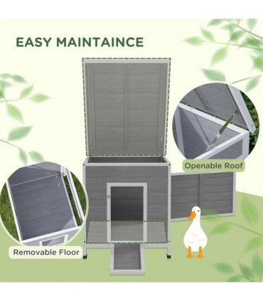 PawHut Wooden Duck House, Poultry Coop w/ Double Doors, Openable Roof, Grey