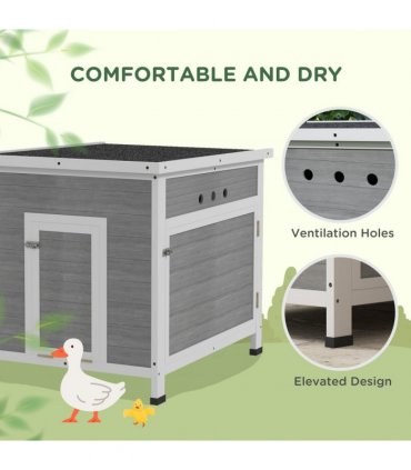 PawHut Wooden Duck House, Poultry Coop w/ Double Doors, Openable Roof, Grey