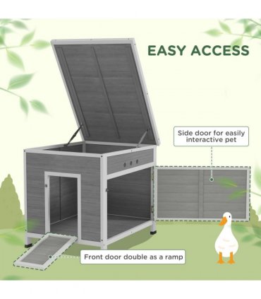 PawHut Wooden Duck House, Poultry Coop w/ Double Doors, Openable Roof, Grey