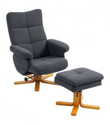 HOMCOM Linen Recliner Chair and Footstool Wooden Base Grey