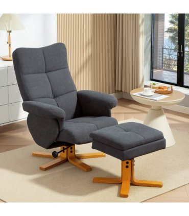 HOMCOM Linen Recliner Chair and Footstool Wooden Base Grey