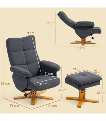 HOMCOM Linen Recliner Chair and Footstool Wooden Base Grey