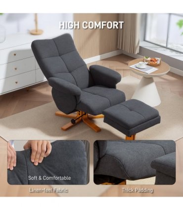 HOMCOM Linen Recliner Chair and Footstool Wooden Base Grey