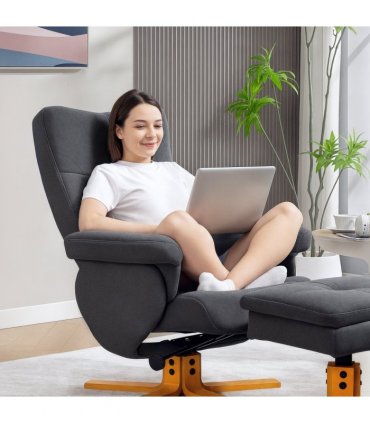 HOMCOM Linen Recliner Chair and Footstool Wooden Base Grey