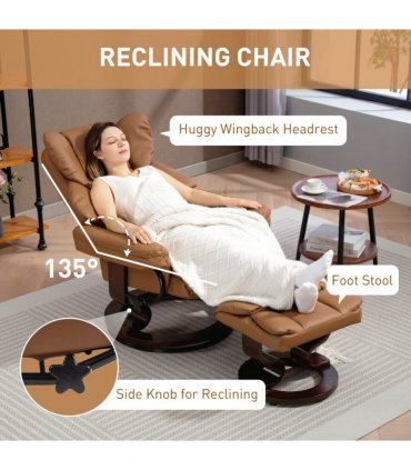 HOMCOM PU Leather Manual Reclining Armchair Footstool Padded Seat Brown