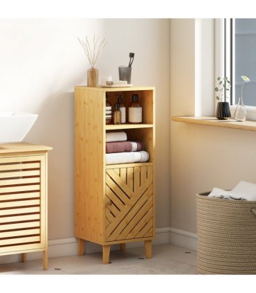 HOMCOM Narrow Bathroom Storage Cabinet with Open Compartments, Natural