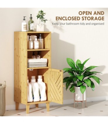 HOMCOM Narrow Bathroom Storage Cabinet with Open Compartments, Natural