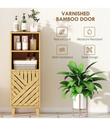 HOMCOM Narrow Bathroom Storage Cabinet with Open Compartments, Natural