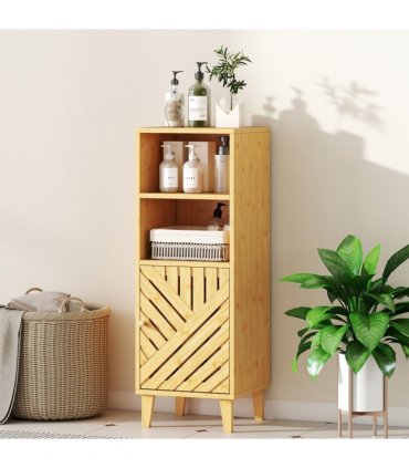 HOMCOM Narrow Bathroom Storage Cabinet with Open Compartments, Natural