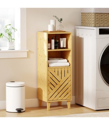 HOMCOM Narrow Bathroom Storage Cabinet with Open Compartments, Natural