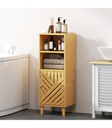 HOMCOM Narrow Bathroom Storage Cabinet with Open Compartments, Natural