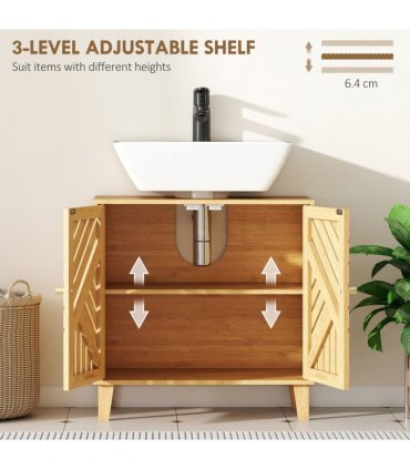 HOMCOM Bamboo Bathroom Under Sink Cabinet with Adjustable Shelf, Natural
