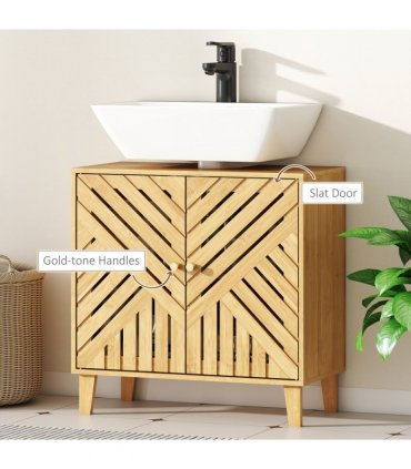 HOMCOM Bamboo Bathroom Under Sink Cabinet with Adjustable Shelf, Natural