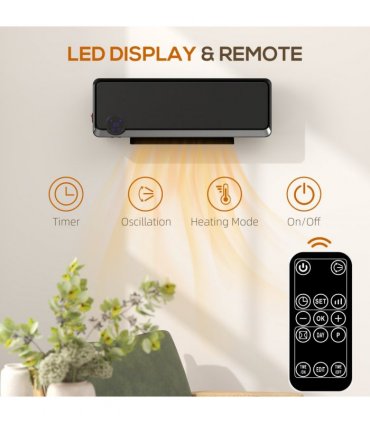HOMCOM 1000W/2000W Wall Downflow Heater 10-49°C Temperature w/ Timer, Black