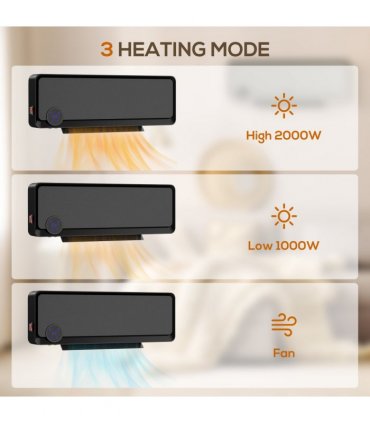 HOMCOM 1000W/2000W Wall Downflow Heater 10-49°C Temperature w/ Timer, Black