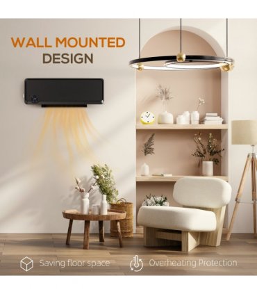 HOMCOM 1000W/2000W Wall Downflow Heater 10-49°C Temperature w/ Timer, Black