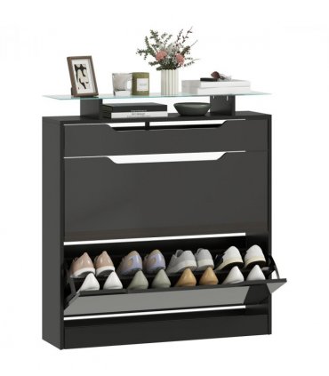 HOMCOM Shoe Cabinet with 3 Drawers, High Gloss Front Panels, Glass Top Black