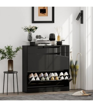 HOMCOM Shoe Cabinet with 3 Drawers, High Gloss Front Panels, Glass Top Black