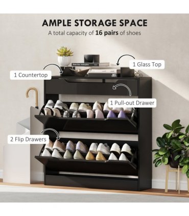 HOMCOM Shoe Cabinet with 3 Drawers, High Gloss Front Panels, Glass Top Black